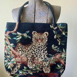 Cheetah Floral Embroidered Crochet VINTAGE Grunge Black Tote Purse Bag